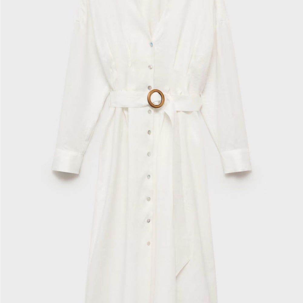 Mango Cream Long Sleeve Belted Dress